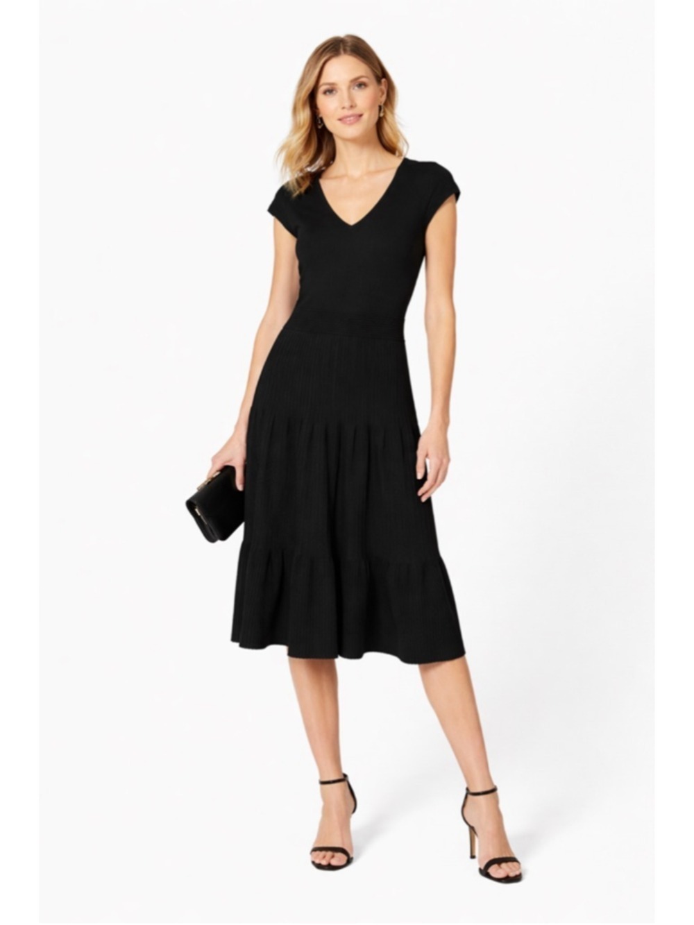 Hobbs Invitation $350 Black Ribbed Fine Knit Dress Fit & Flare US 4 (UK 8)
